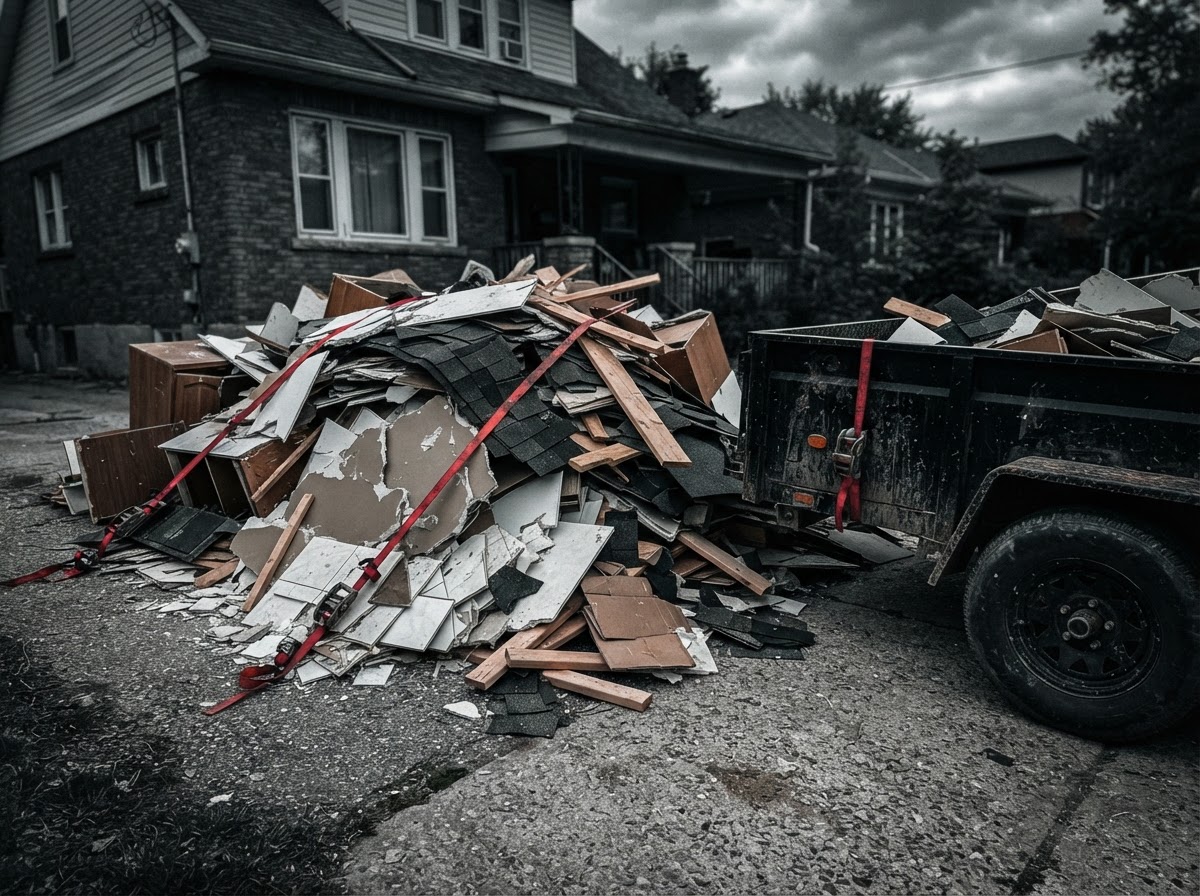 Construction and renovation debris pile ready for Hook & Haul debris removal