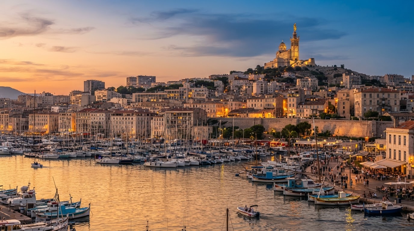 Vecchio porto di Marsiglia con barche a vela e Notre-Dame de la Garde