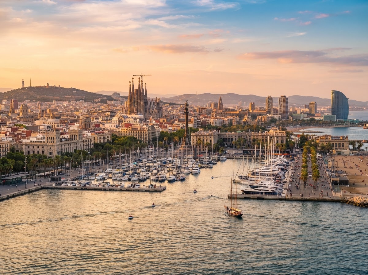 Porto e costa di Barcellona visti dal mare al tramonto