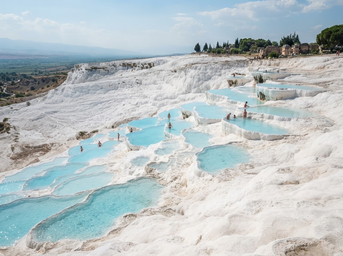 Terrazze bianche di calcare con piscine termali a Pamukkale