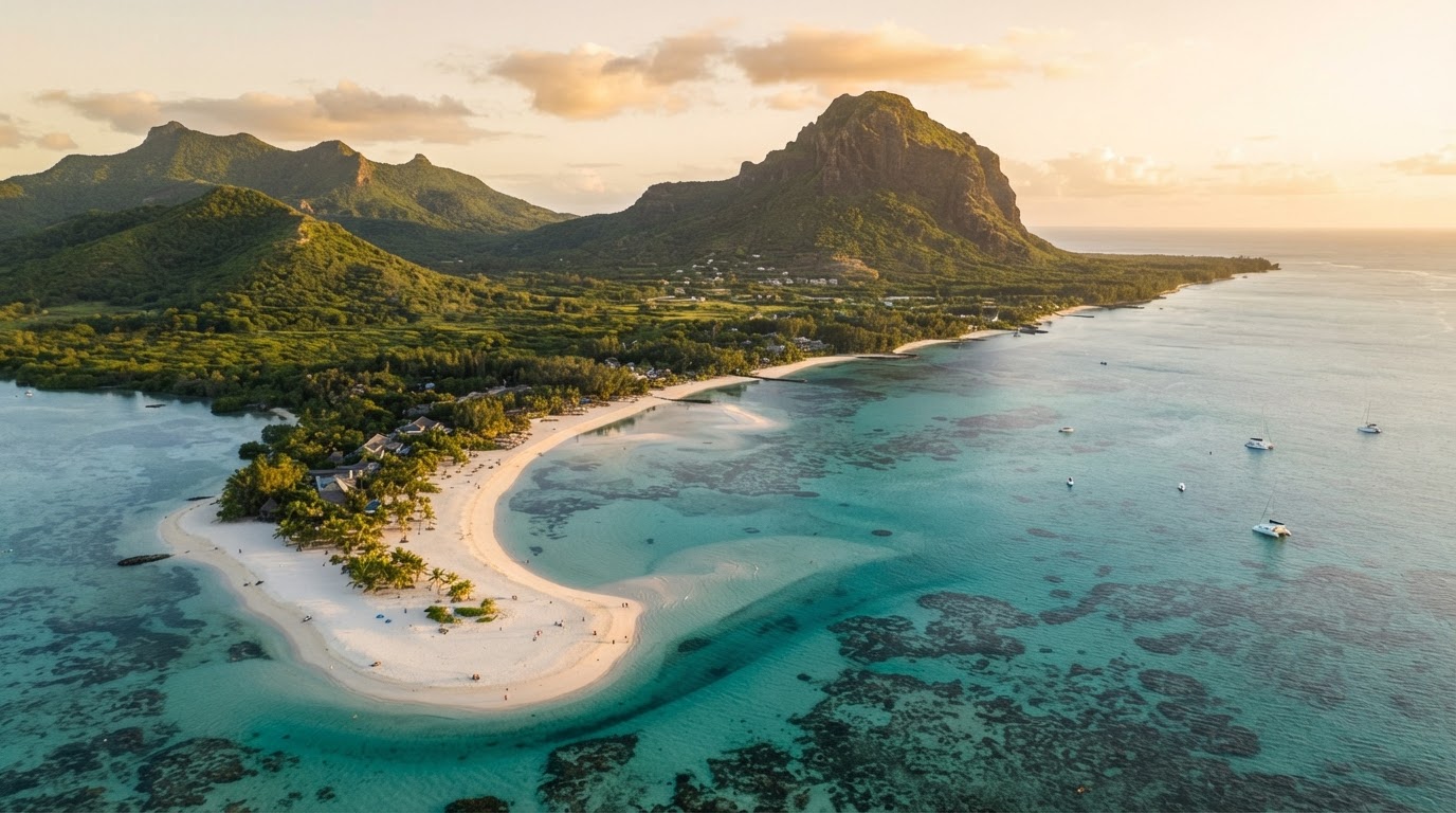 Costa di Mauritius con laguna turchese e montagne tropicali verdi sullo sfondo