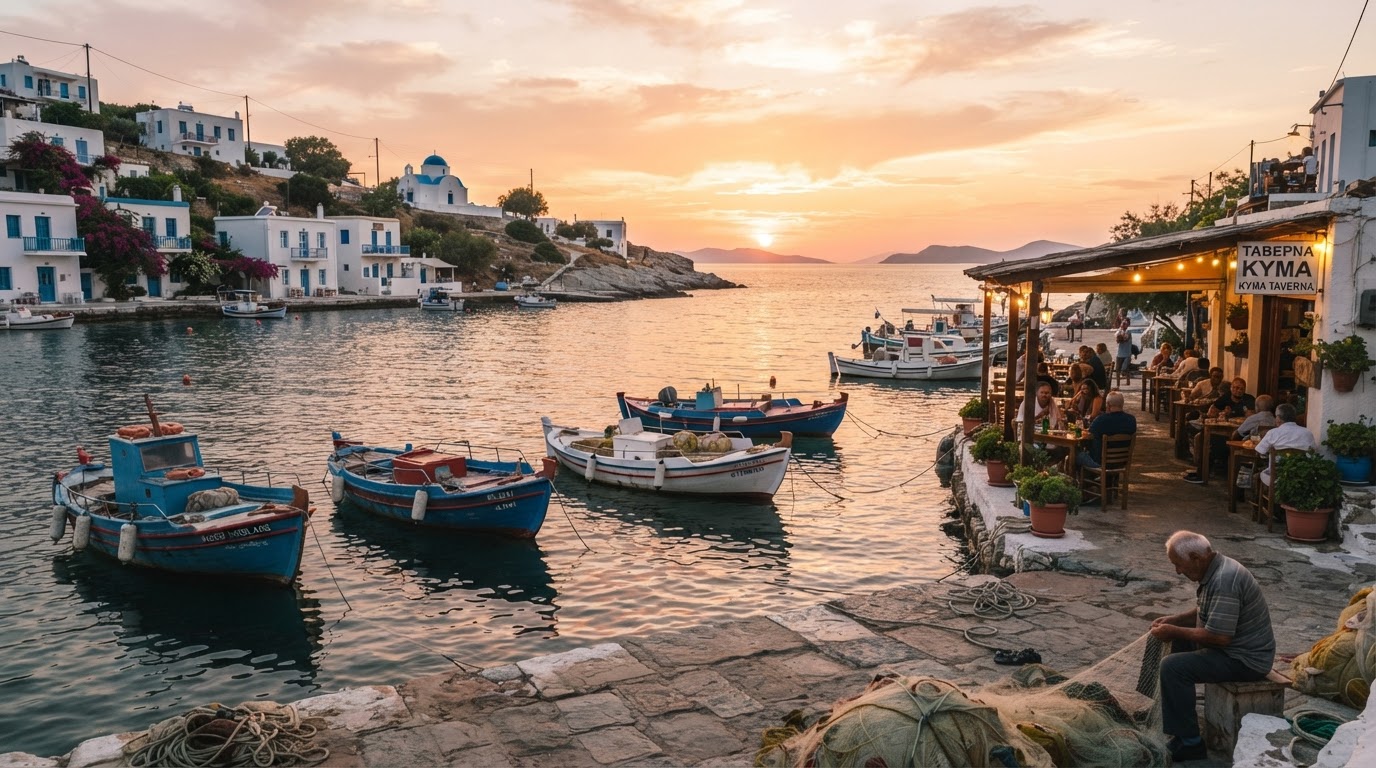Piccolo porto delle Cicladi al tramonto con barche di pescatori e taverna sul mare
