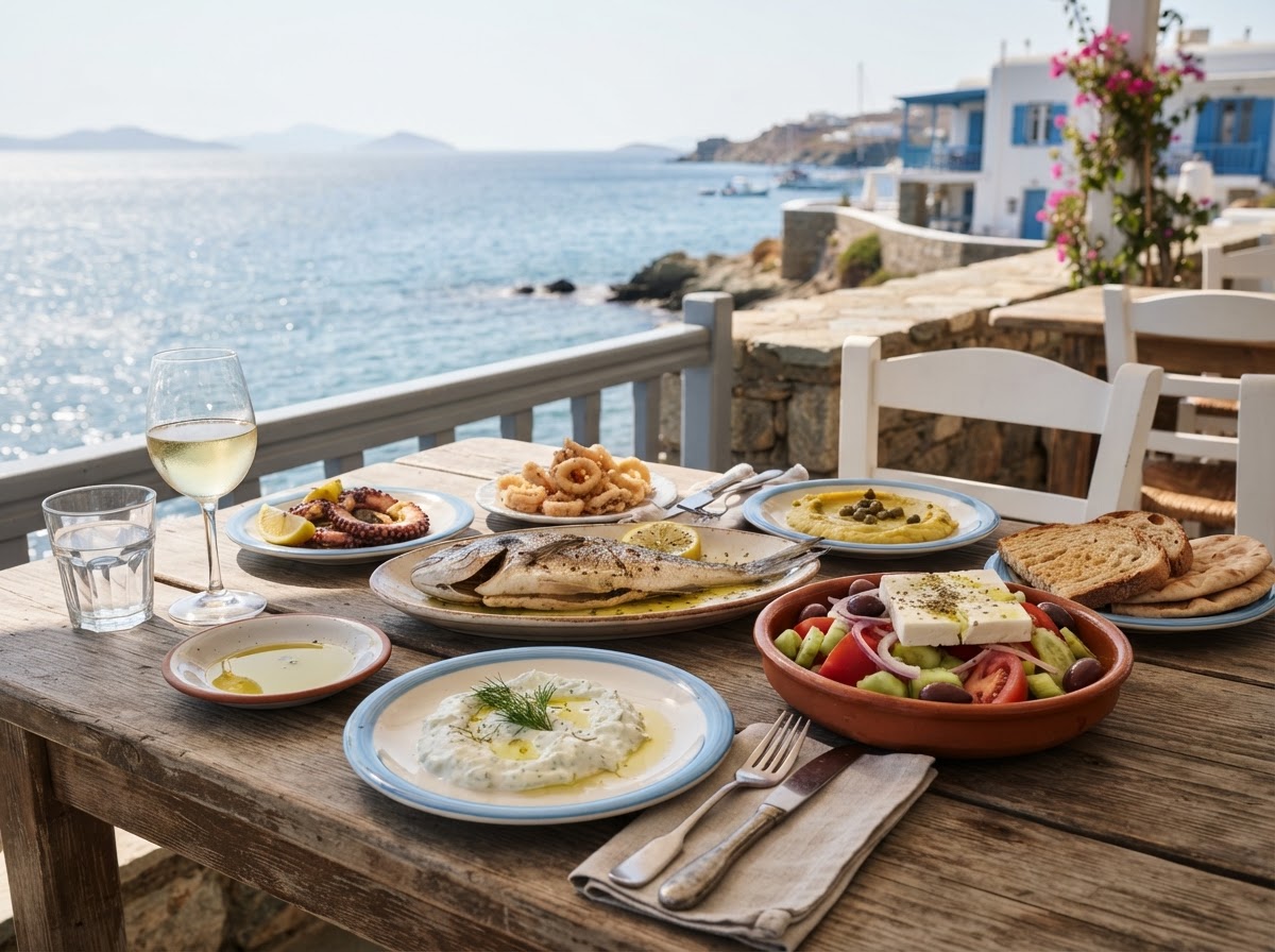 Tavola mediterranea greca con pesce, verdure, olio e formaggio su legno naturale