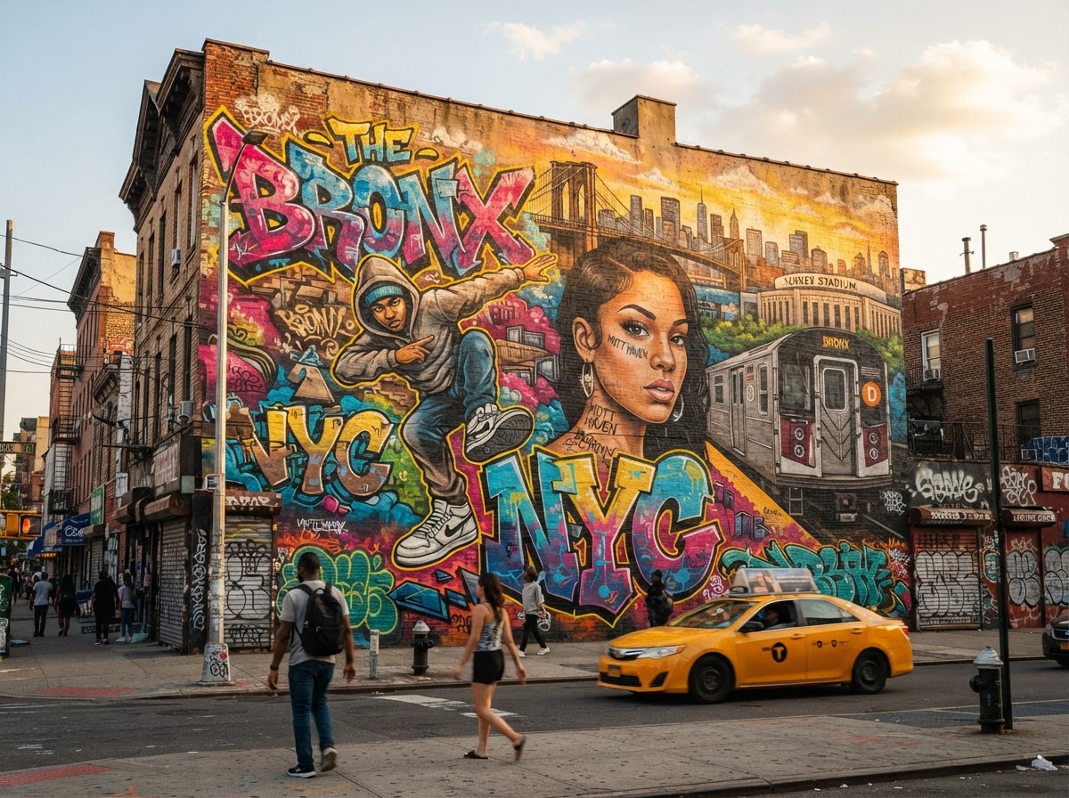 Murales colorato su un muro di mattoni nel Bronx