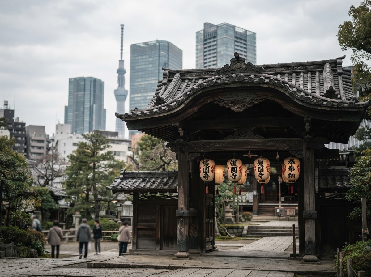 Contrasto tra un tempio tradizionale con lanterne di carta e i grattacieli di vetro di Tokyo sullo sfondo