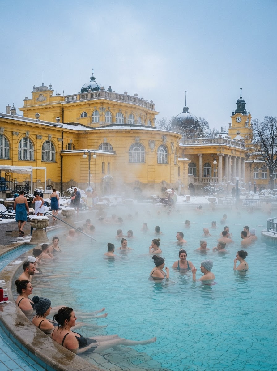 Terme Széchenyi di Budapest con vapore invernale