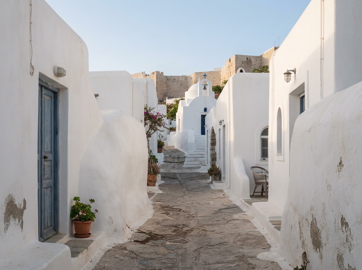 Vicoli bianchi minimali del villaggio di Folegandros nelle Cicladi