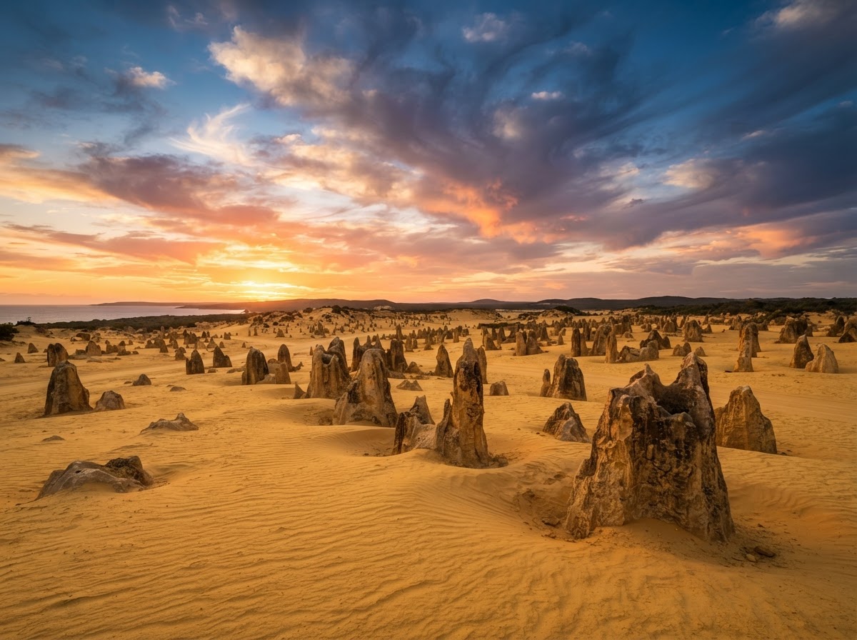 Pilastri calcarei del Deserto dei Pinnacoli nel Nambung National Park tra le dune dorate al tramonto