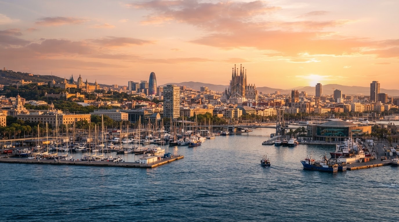 Porto e skyline di Barcellona visti dal mare al tramonto