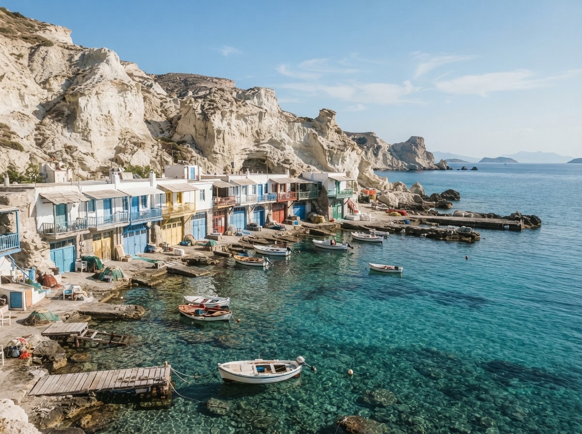 Costa e mare dell'isola di Milos in Grecia con piccoli villaggi di pescatori sull'acqua