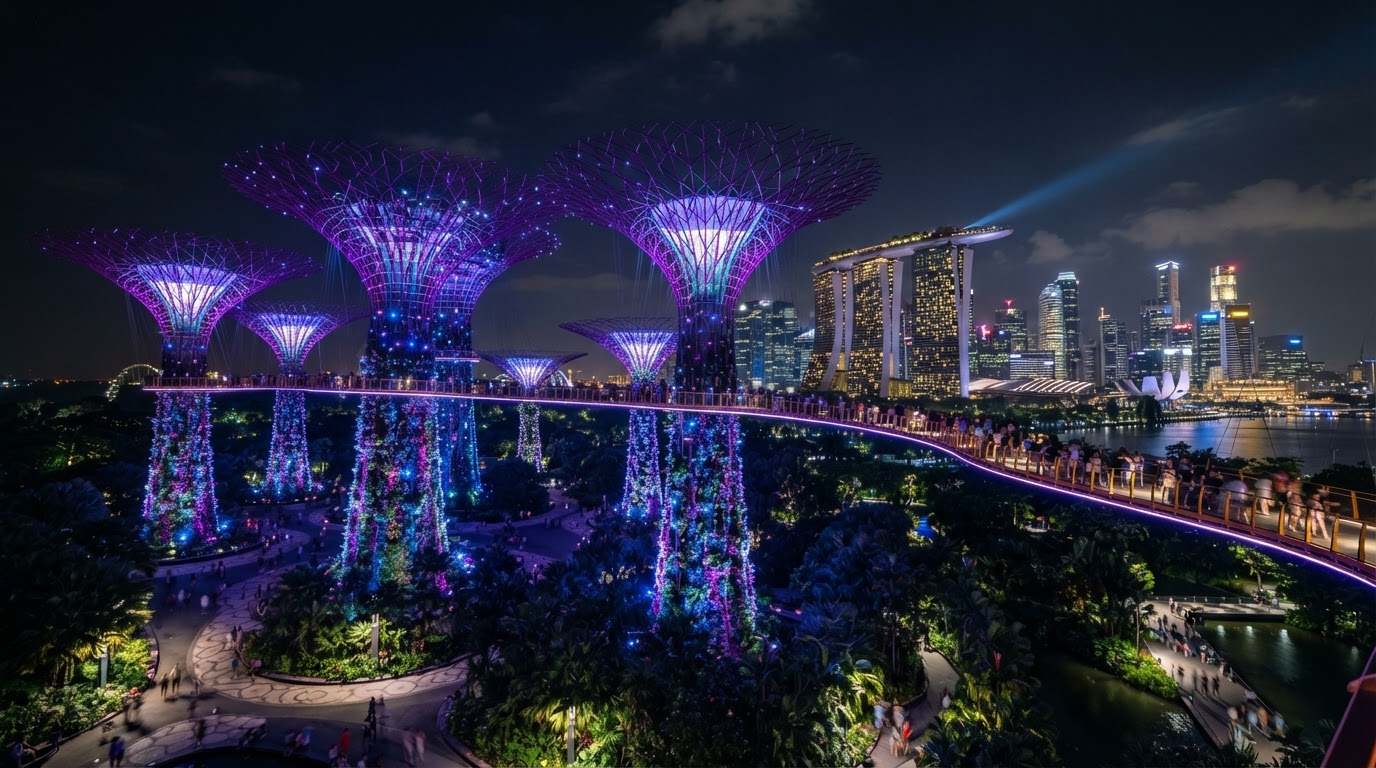 Gardens by the Bay di notte con supertree illuminati