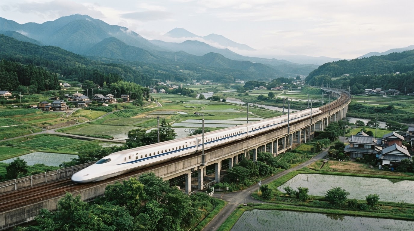 Treno Shinkansen che attraversa un paesaggio rurale giapponese verde con montagne sullo sfondo