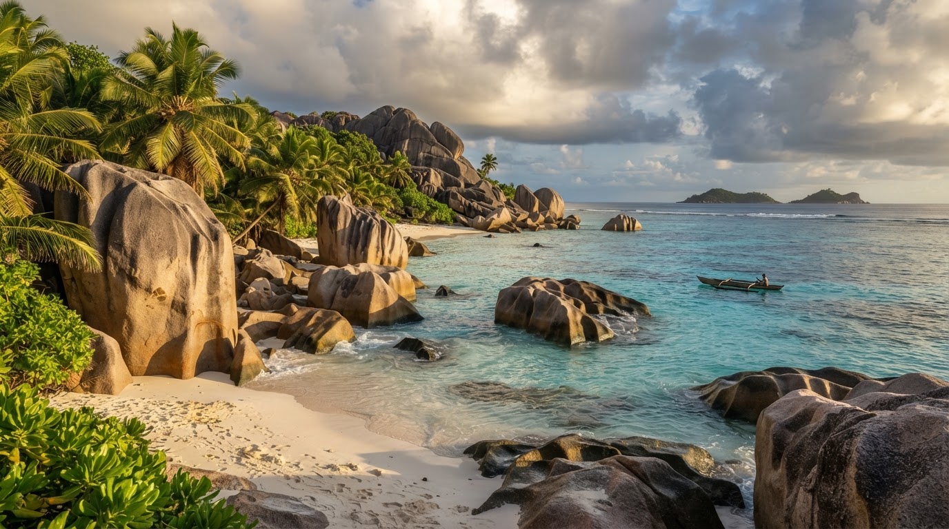 Spiaggia delle Seychelles con grandi rocce granitiche, sabbia chiara e oceano turchese