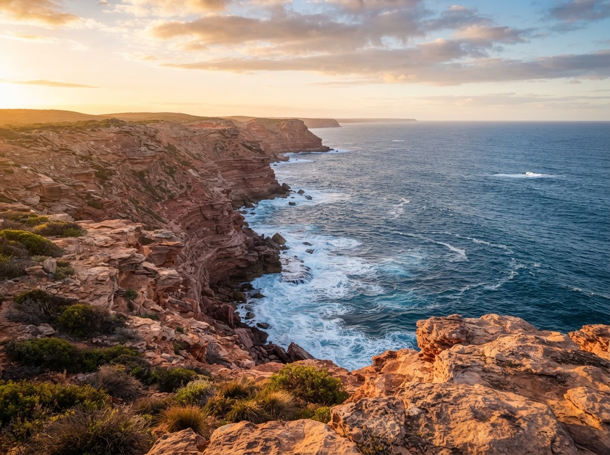 Scogliere rosse del Kalbarri National Park a picco sull'Oceano Indiano al tramonto