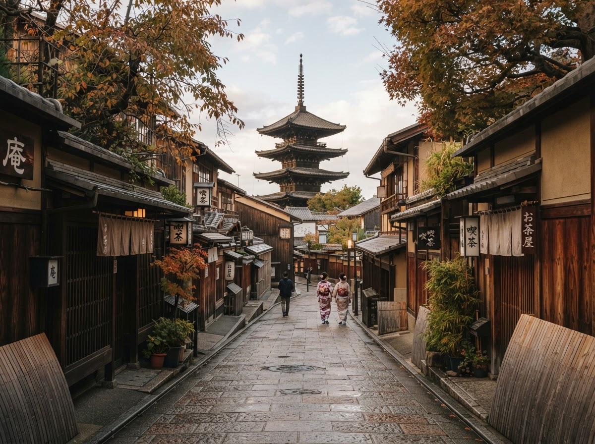 Strada tradizionale di Kyoto con case in legno machiya e una pagoda templare in lontananza