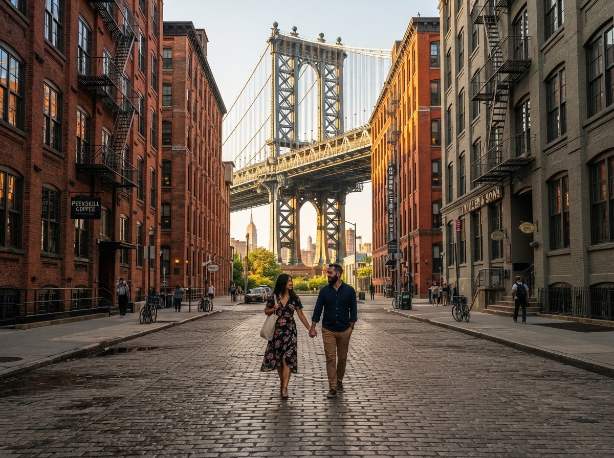 Strada lastricata di DUMBO a Brooklyn con il Manhattan Bridge sullo sfondo
