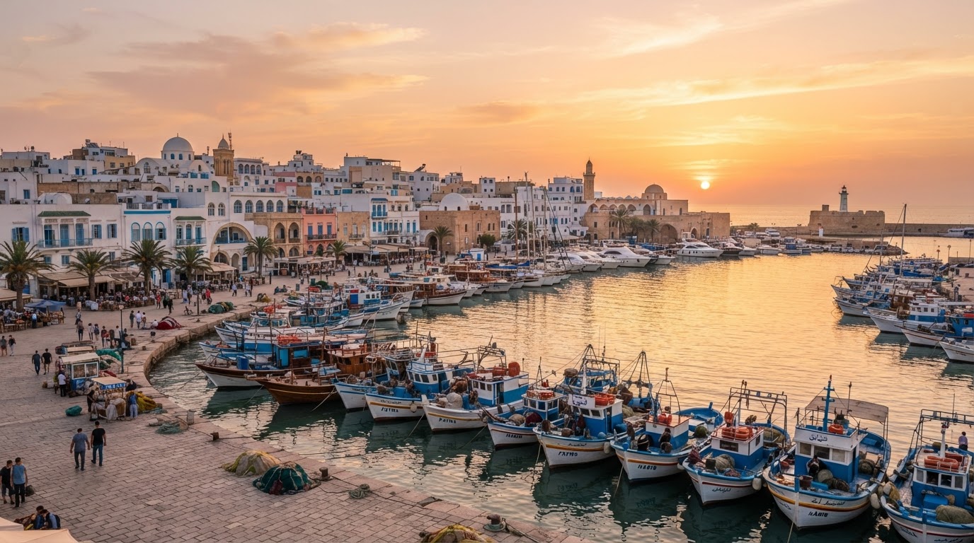 Porto di La Goulette a Tunisi con barche e architettura nordafricana