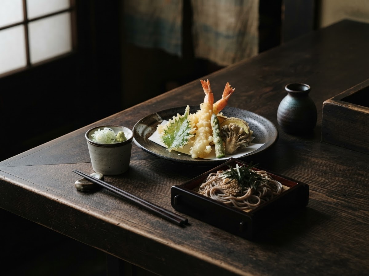 Composizione gastronomica giapponese elegante con tempura e soba su un bancone di legno scuro