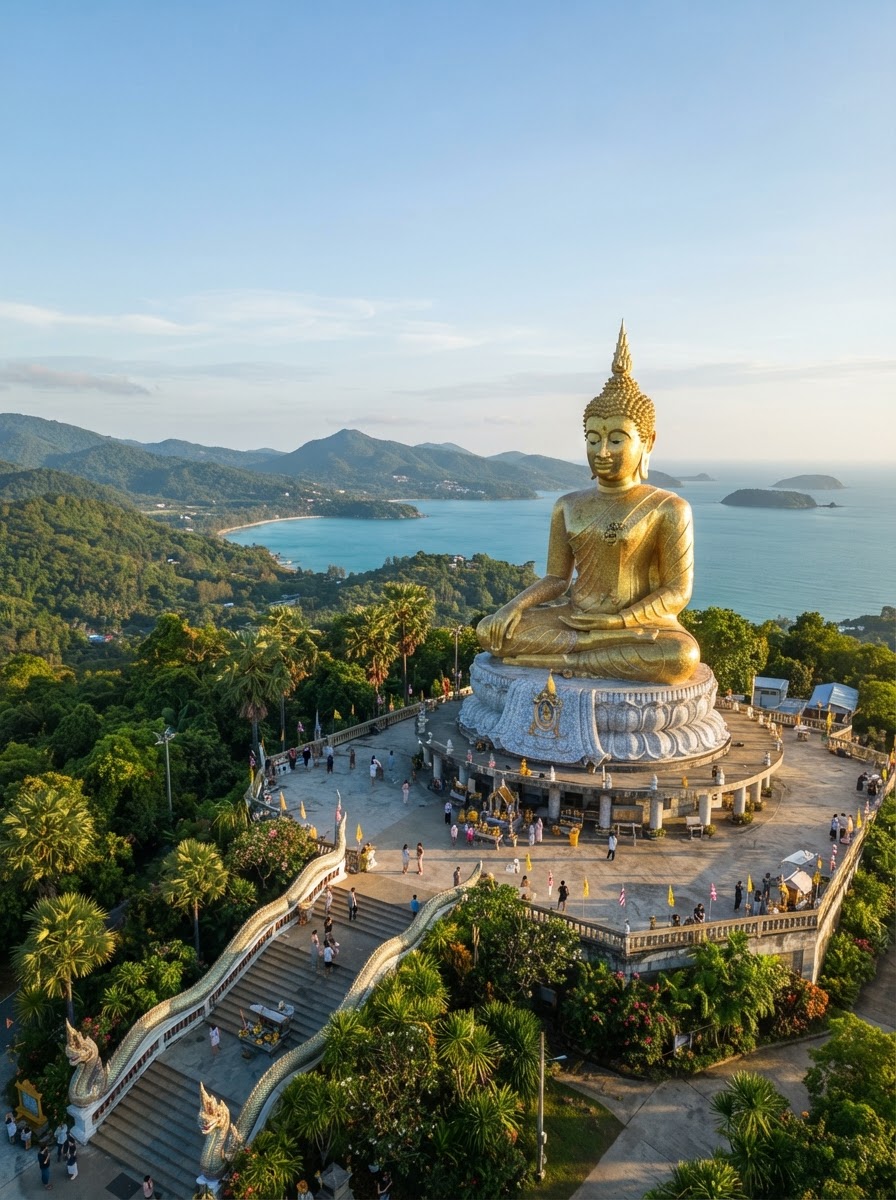 Statua del Big Buddha di Phuketa sulla collina tra montagne tropicali