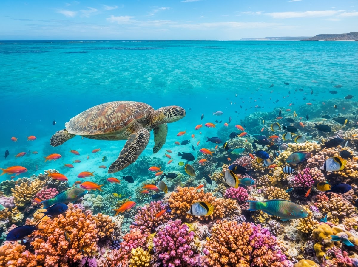 Barriera corallina di Ningaloo Reef con tartaruga marina e pesci tropicali in acqua turchese