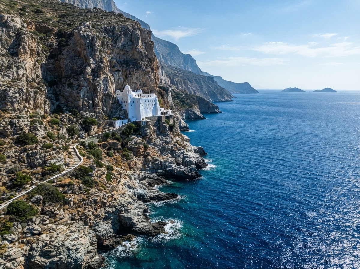 Paesaggio verticale e selvaggio dell'isola di Amorgos con montagne a picco sul mare