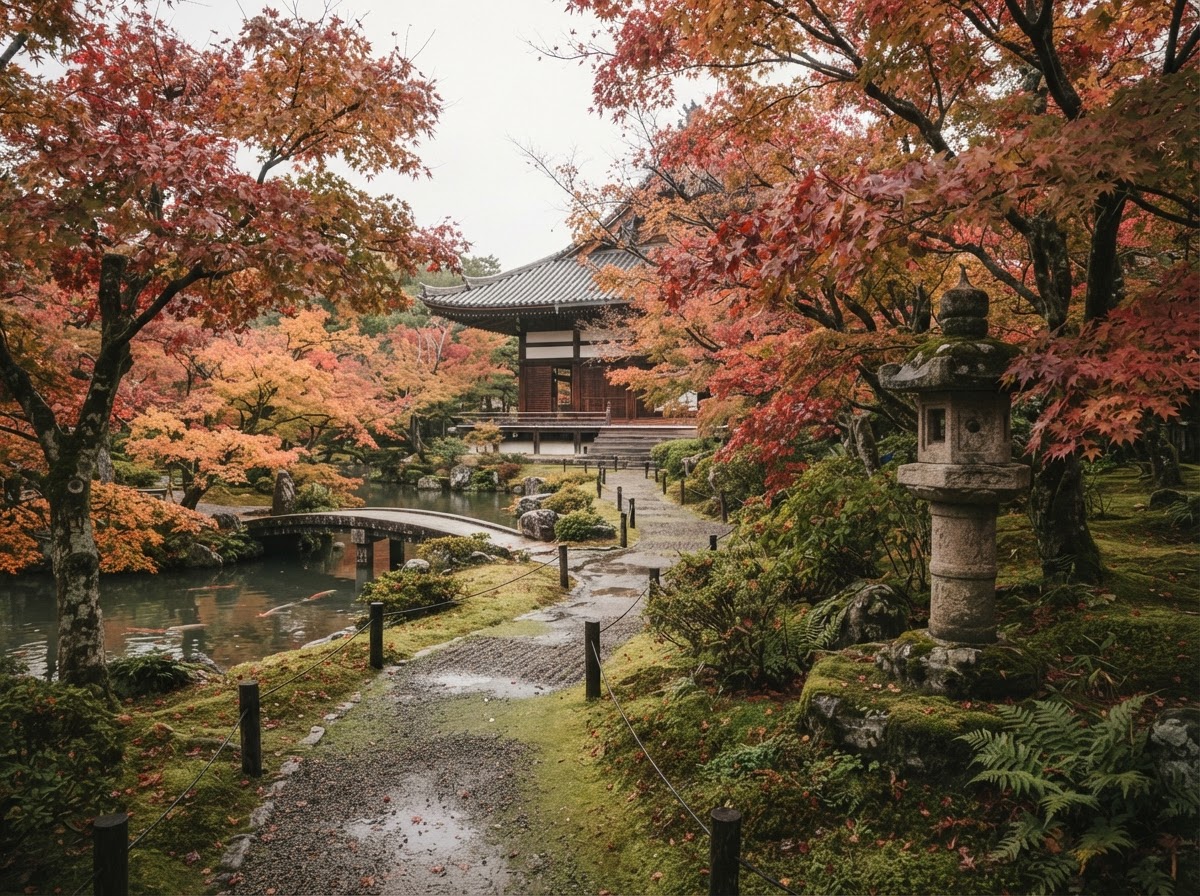 Giardino templare giapponese in autunno con aceri rossi e lanterna di pietra