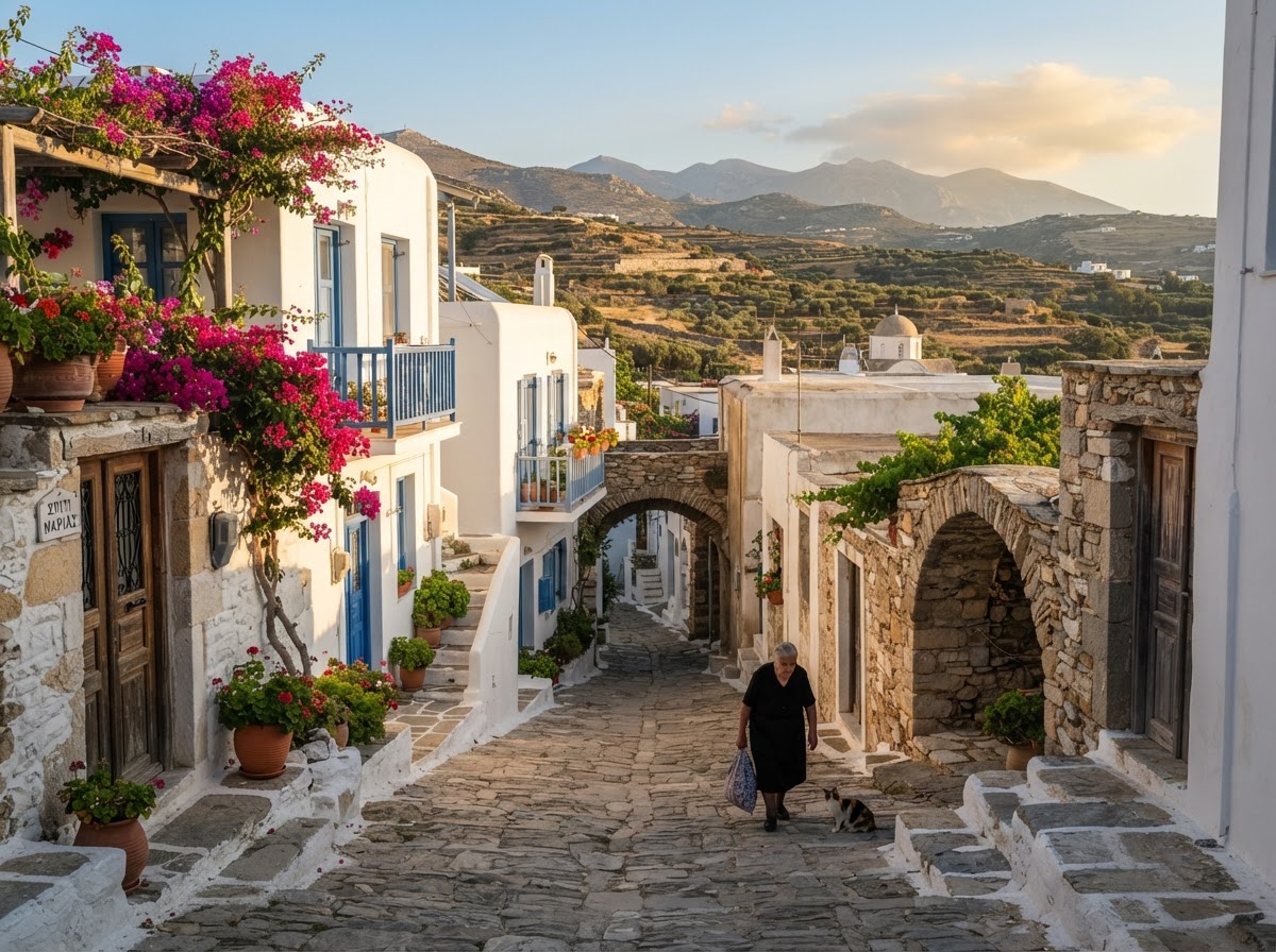 Villaggio tradizionale di Naxos tra vicoli di pietra e buganvillea