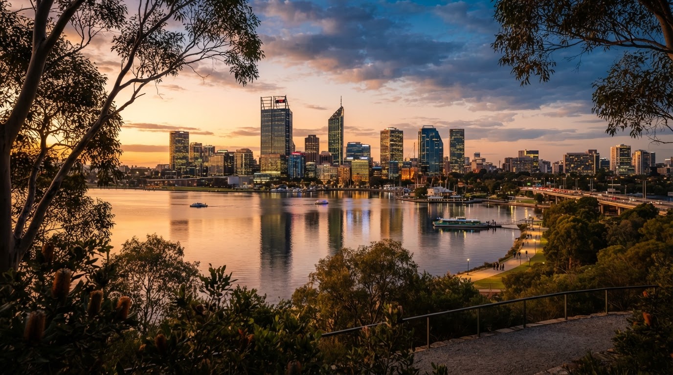 Skyline di Perth al tramonto riflesso nel fiume Swan con la vegetazione del Kings Park in primo piano