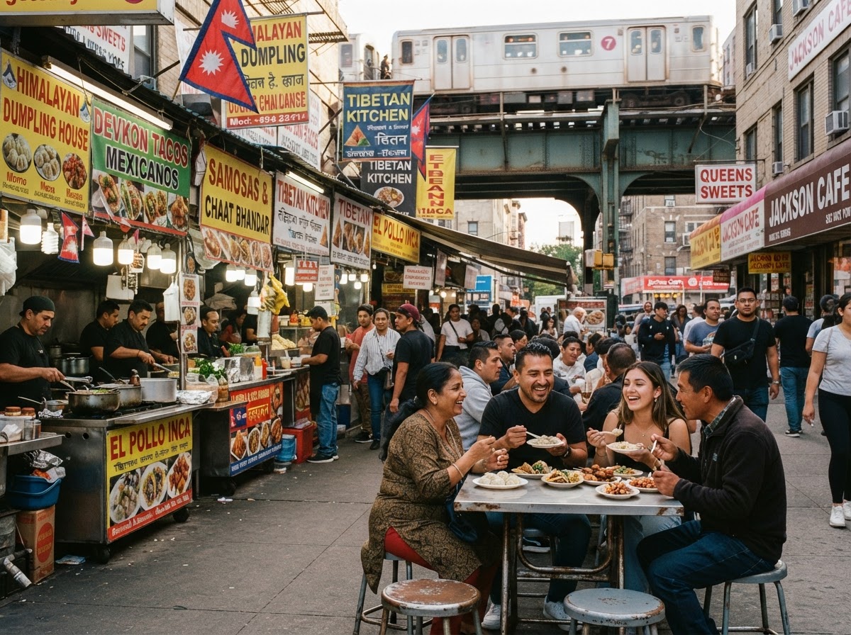 Mercato alimentare multiculturale a Jackson Heights, Queens