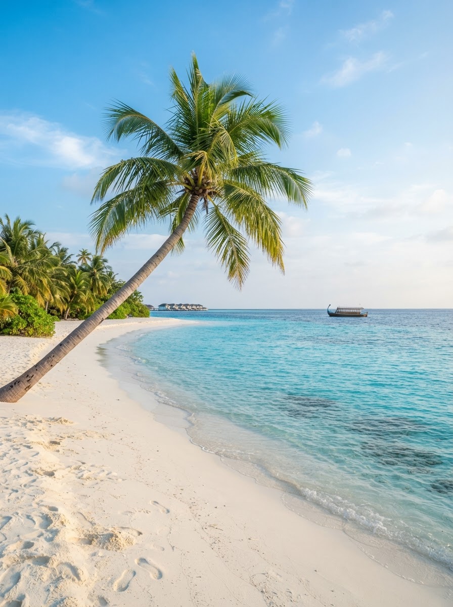 Spiaggia bianca delle Maldive con palma sull'acqua turchese