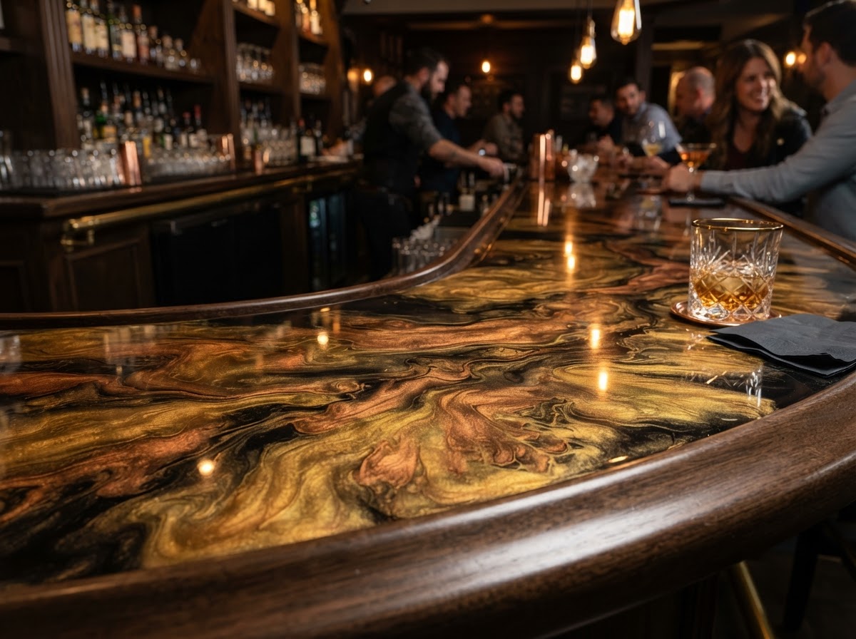 Custom metallic resin bar top with gold and bronze marbled pigments