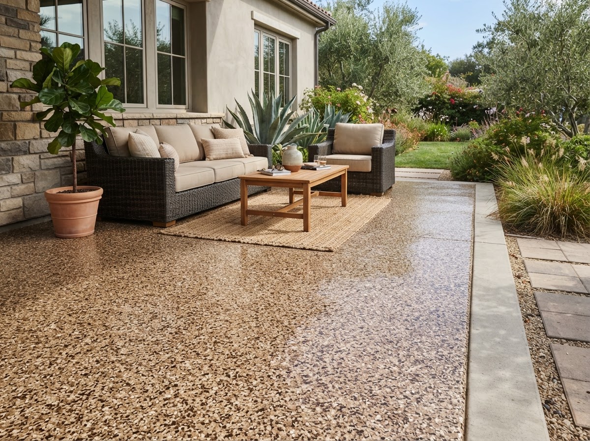 Flake resin floor on an outdoor patio with tan and brown chips