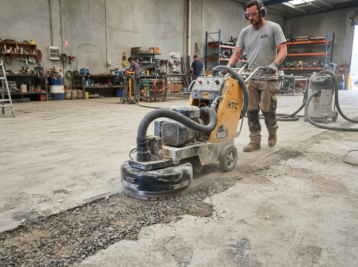 Diamond grinder preparing a concrete floor profile before resin coating