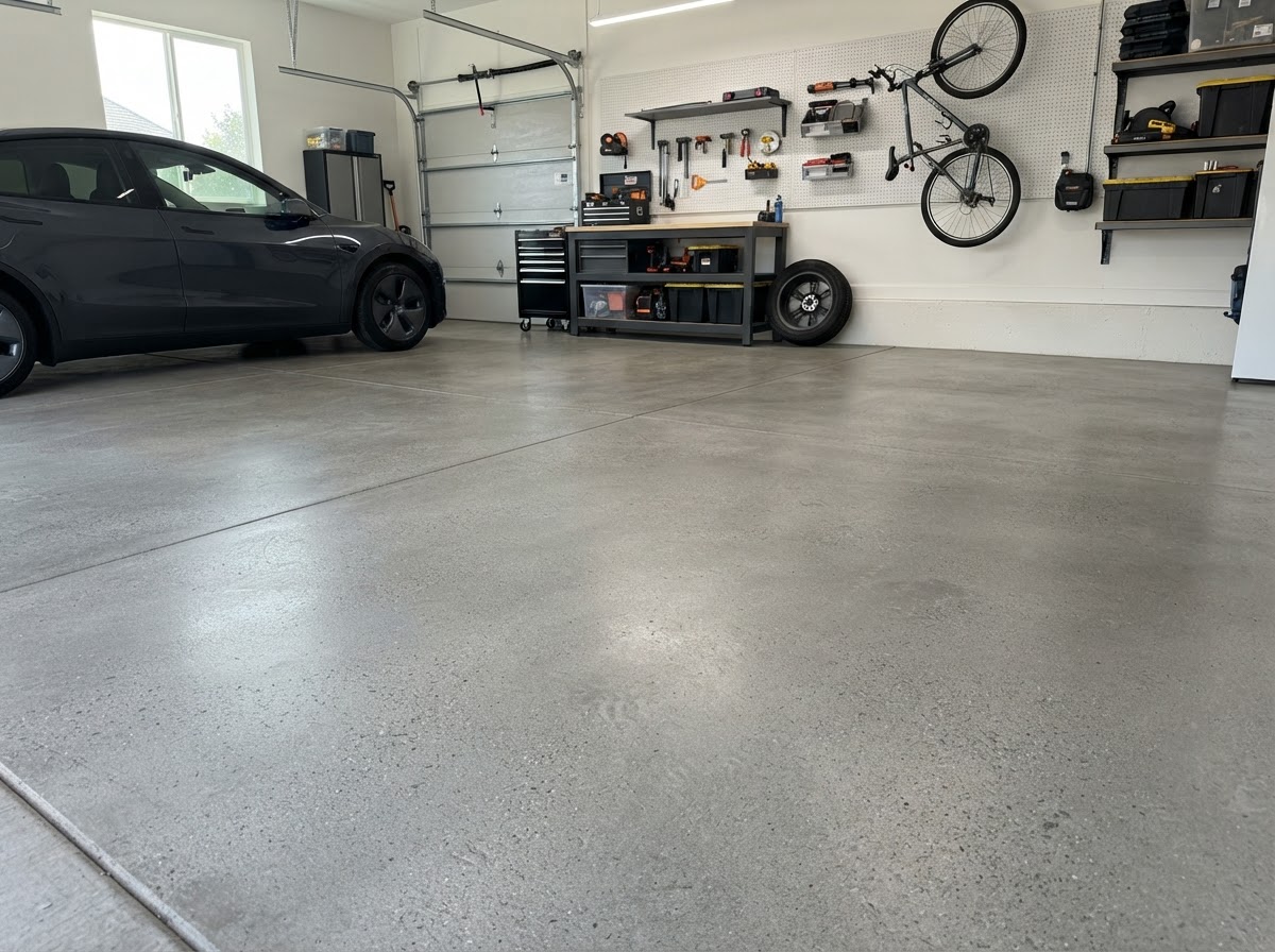 Ground and sealed concrete garage floor with a smooth protective topcoat