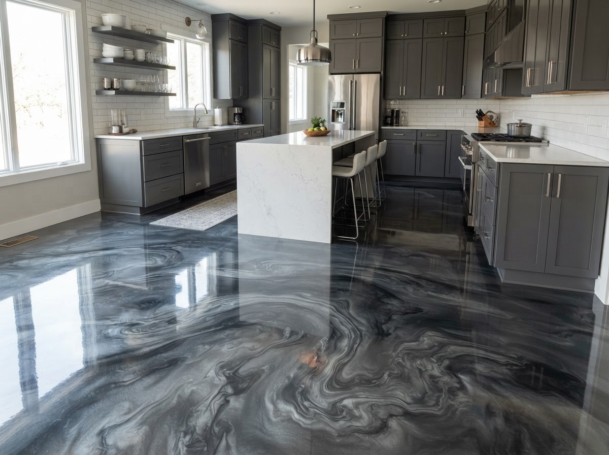 Metallic resin floor in a residential kitchen with silver and charcoal marbled pigments