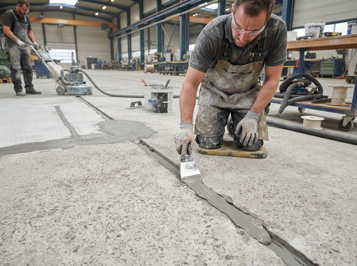 Crack repair on a concrete floor during surface preparation before coating