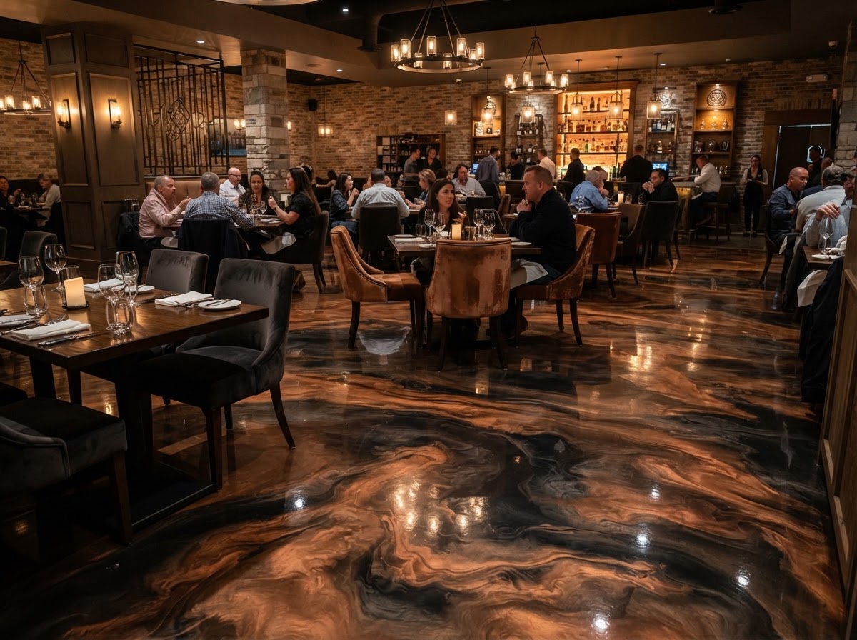Metallic resin floor in a restaurant interior with copper and black marbled pigments