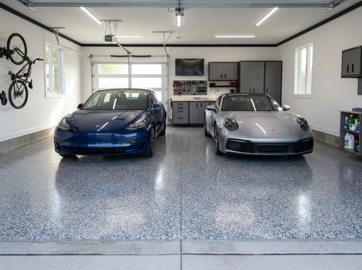 Polyurea flake floor with gray and white chip blend in a garage