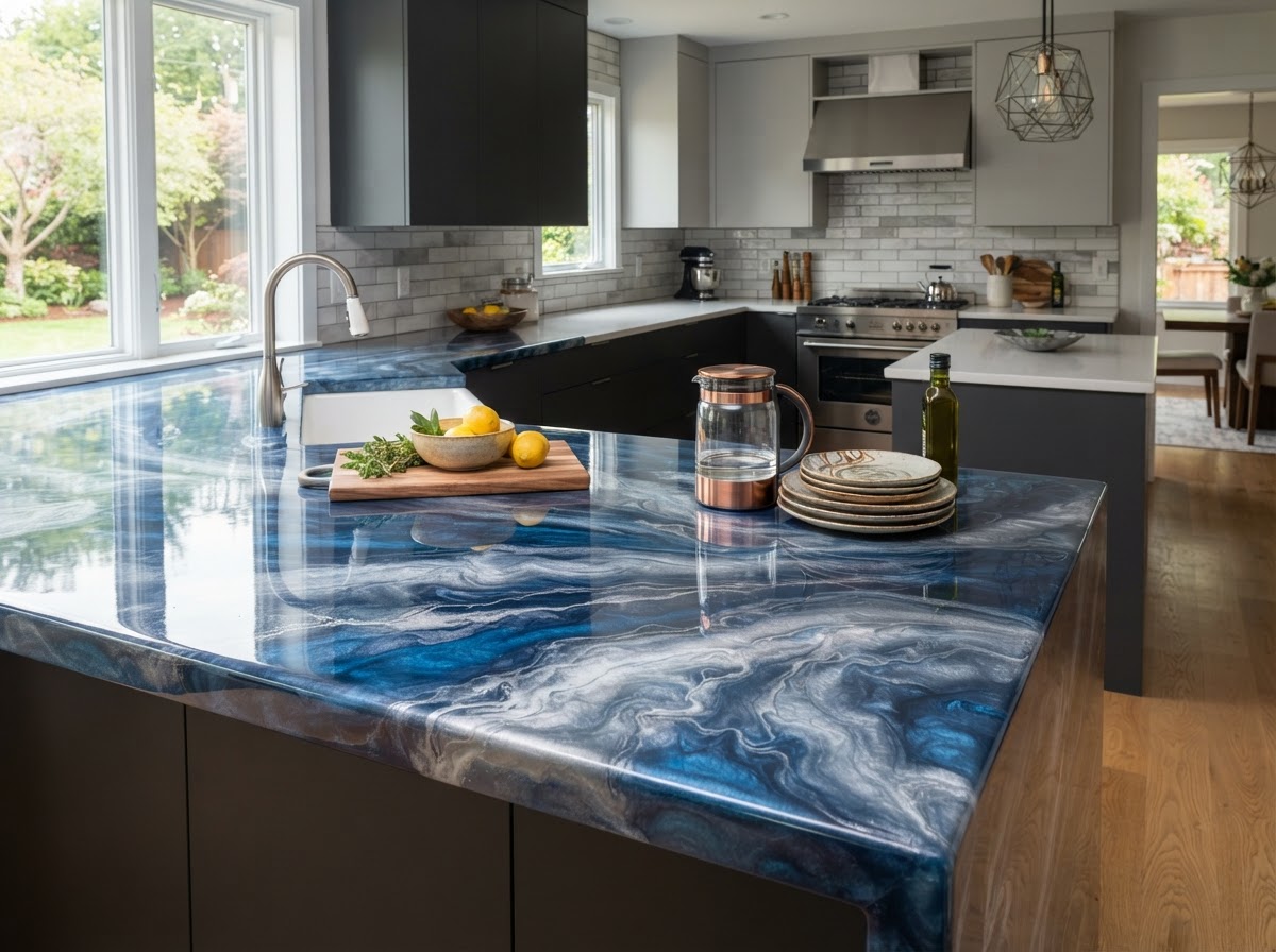 Custom metallic resin kitchen countertop with deep blue and silver marbled pigments