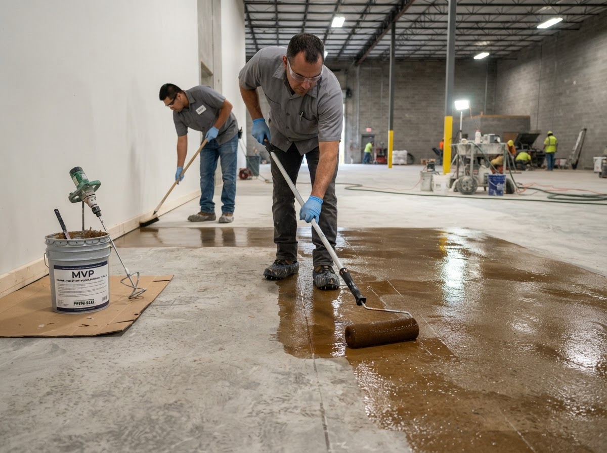 Moisture vapor barrier primer being rolled onto a concrete slab before resin system