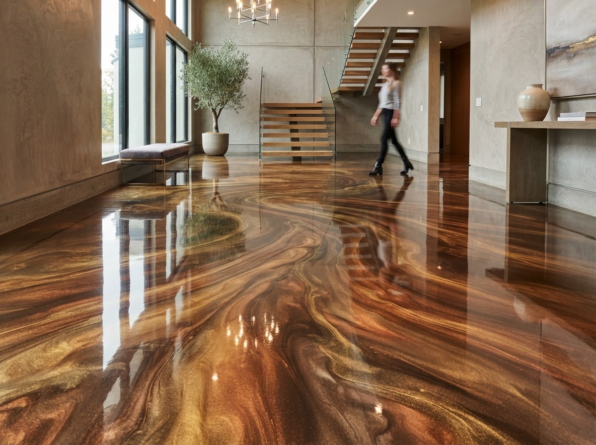 Metallic resin floor in a modern home lobby with bronze and gold marbled swirls