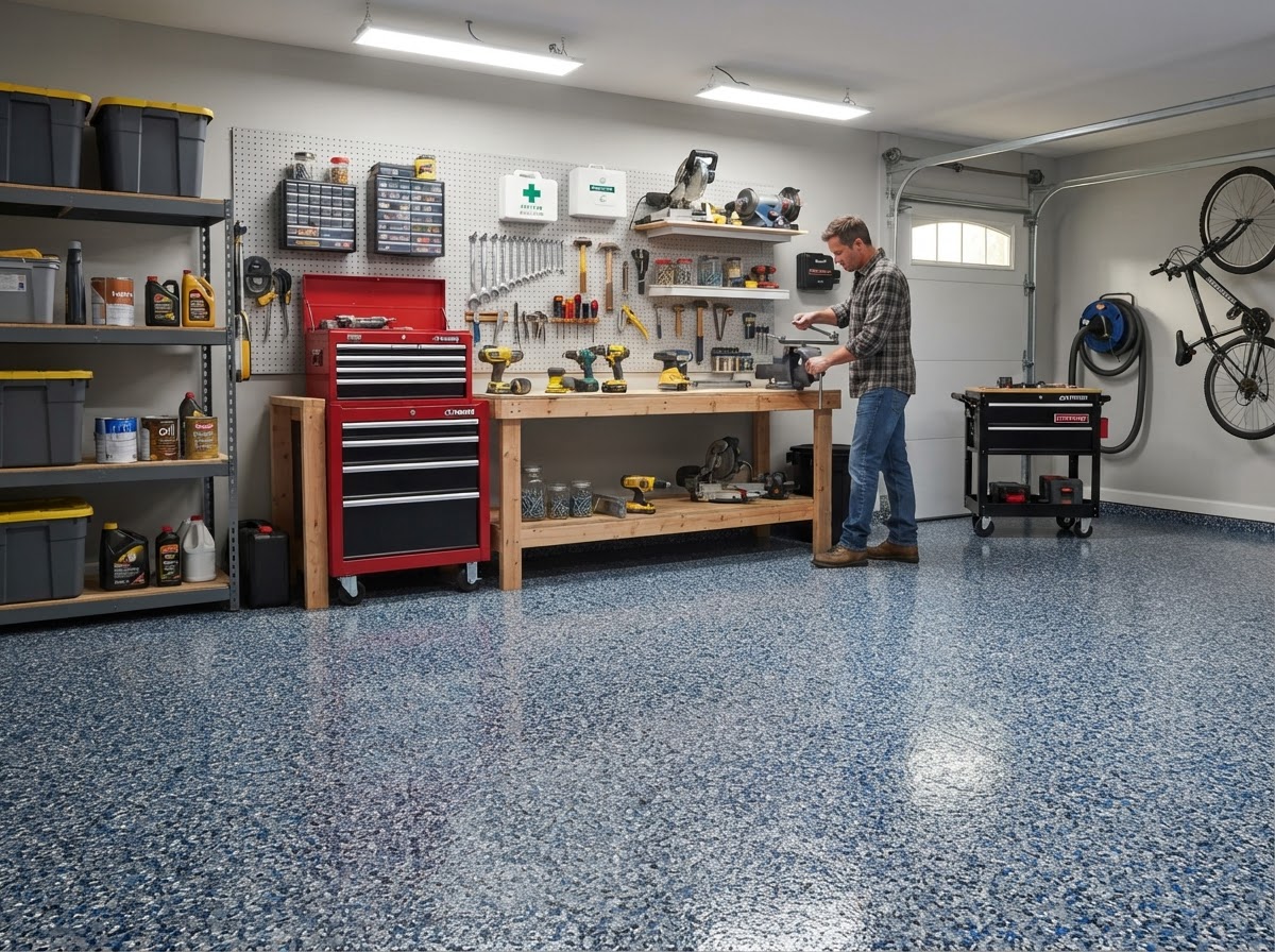 Flake resin floor in a residential workshop with blue and gray chips