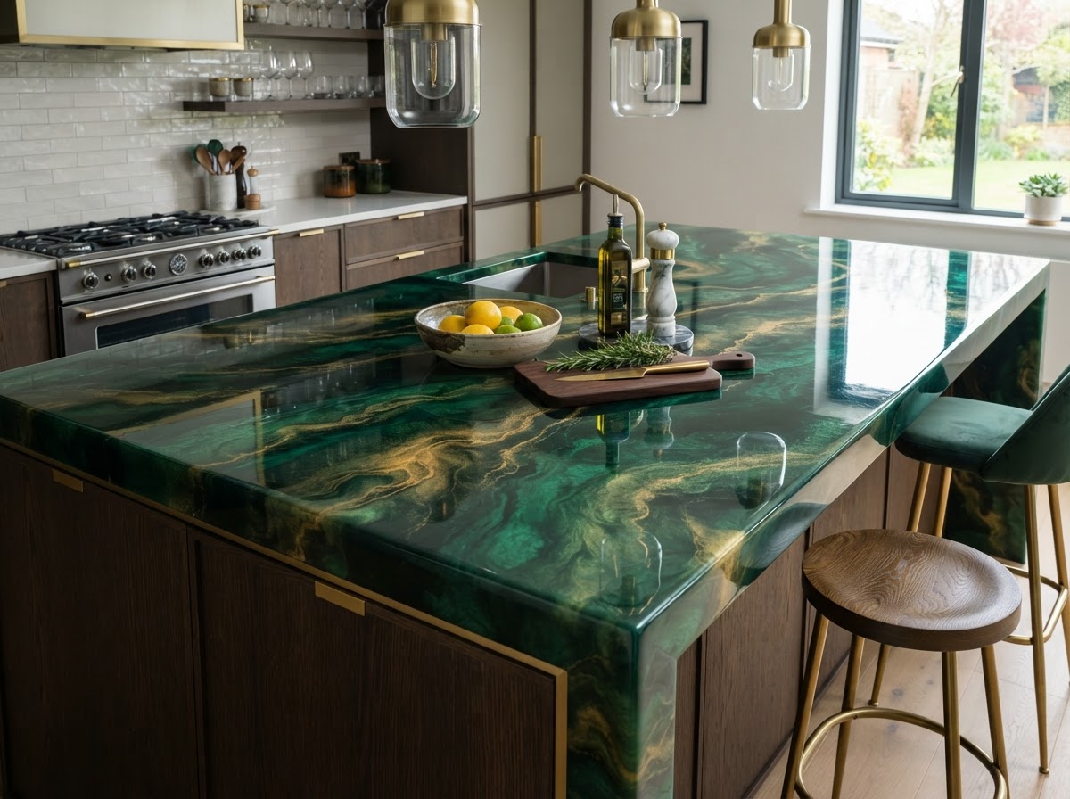 Custom metallic resin island countertop with green and gold marbled pigments