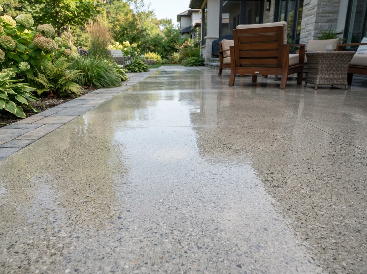 Ground and sealed concrete patio floor with a glossy protective topcoat