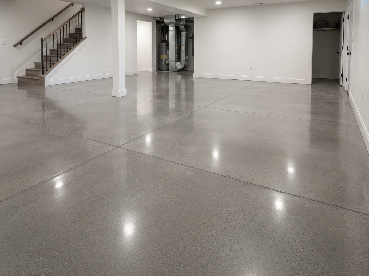 Ground and sealed concrete basement floor with a clean natural finish