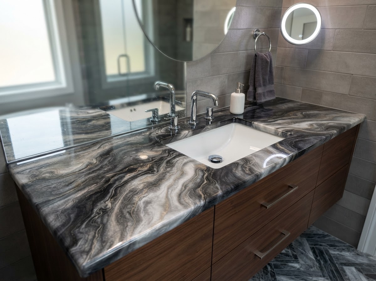 Custom metallic resin bathroom vanity countertop with charcoal and pearl marbled pigments