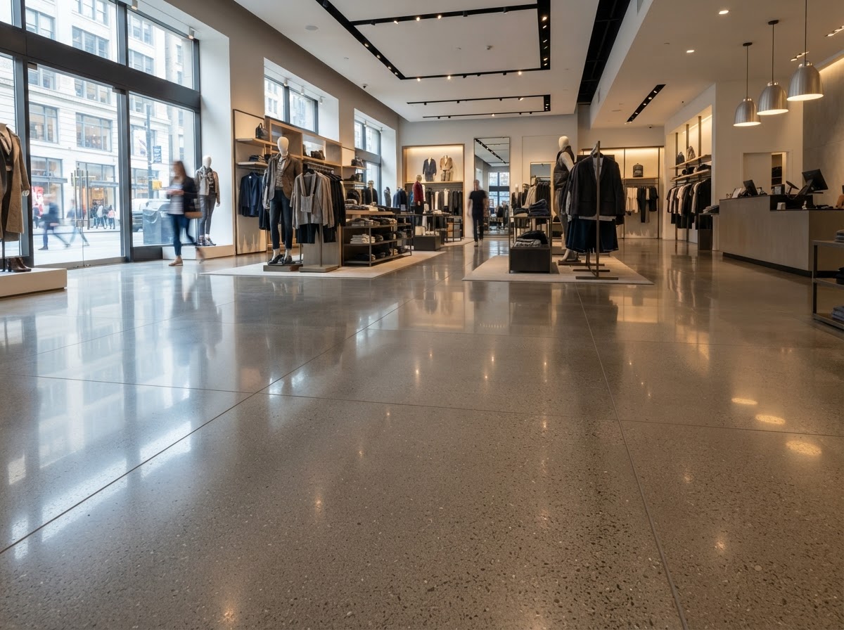 Ground and sealed concrete commercial retail floor with a polished finish