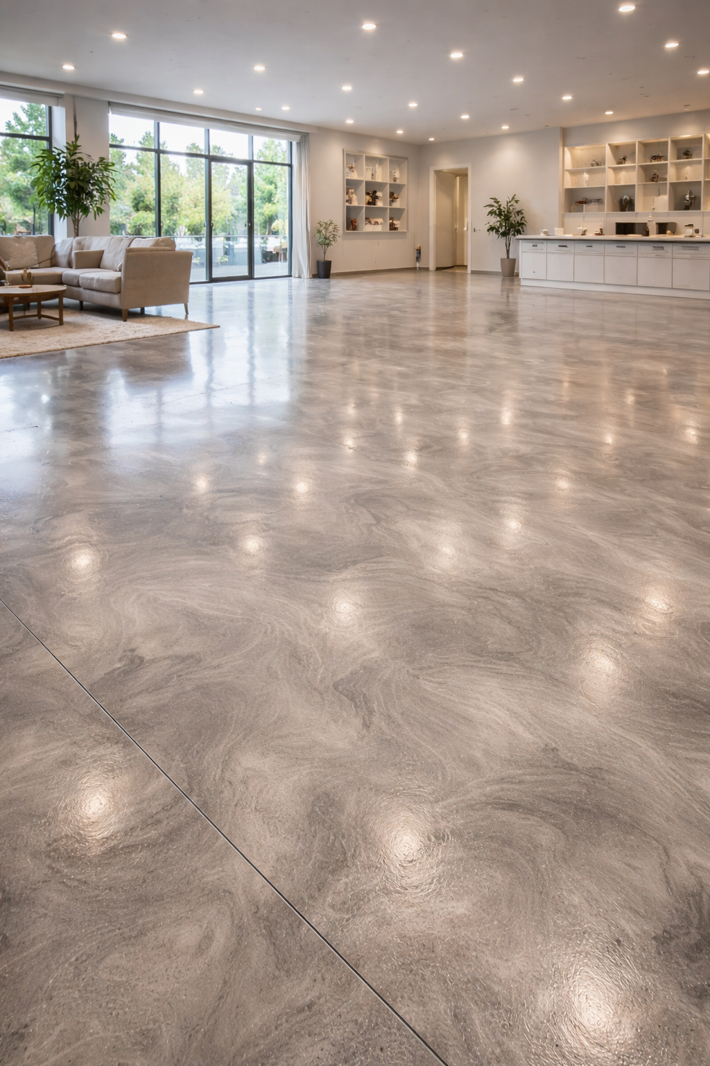 Custom metallic resin floor in a large open living and showroom space