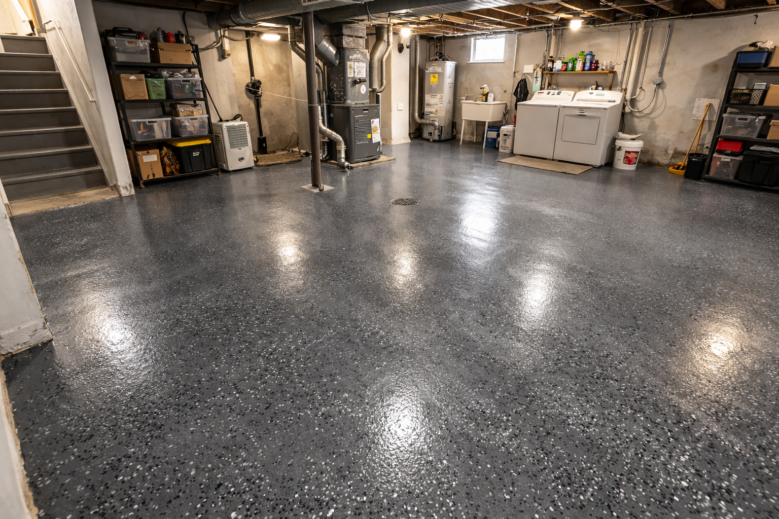 Flake resin floor in a finished basement laundry area