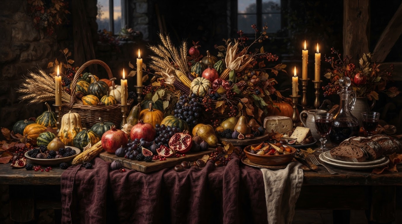 A harvest feast table at dusk in deep burgundy and gold